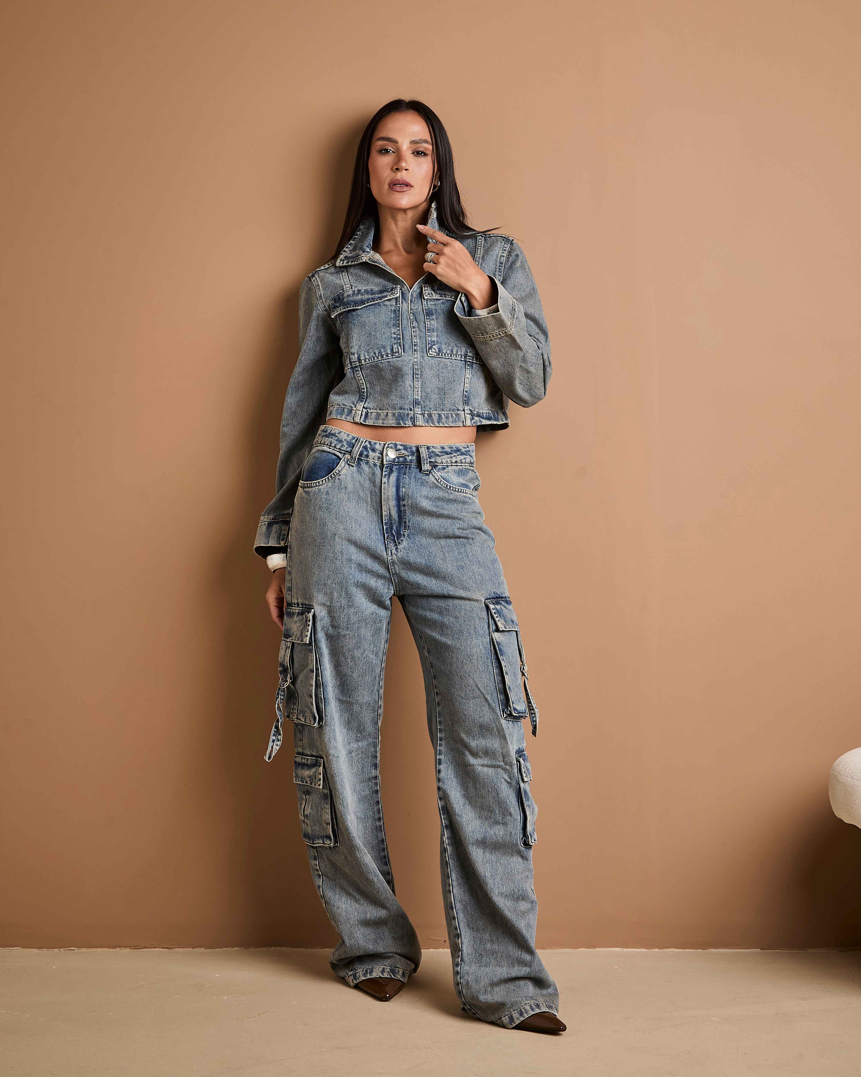 Calça Cargo Siena - Jeans marmorizado