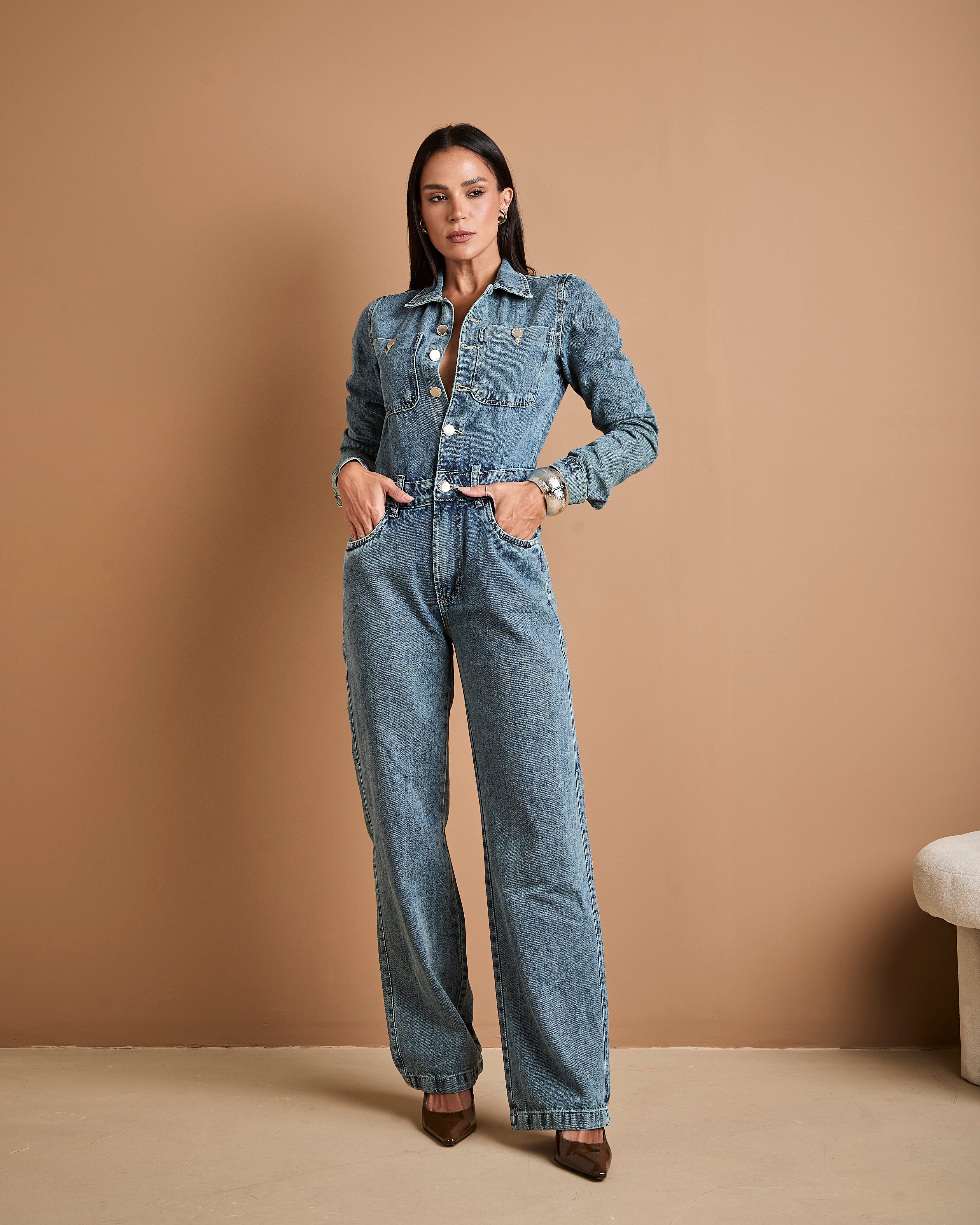 Macacão Verona - Jeans Marmorizado Imagem principal do produto