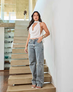 Calça Reta Over Pier - Jeans Marmorizado