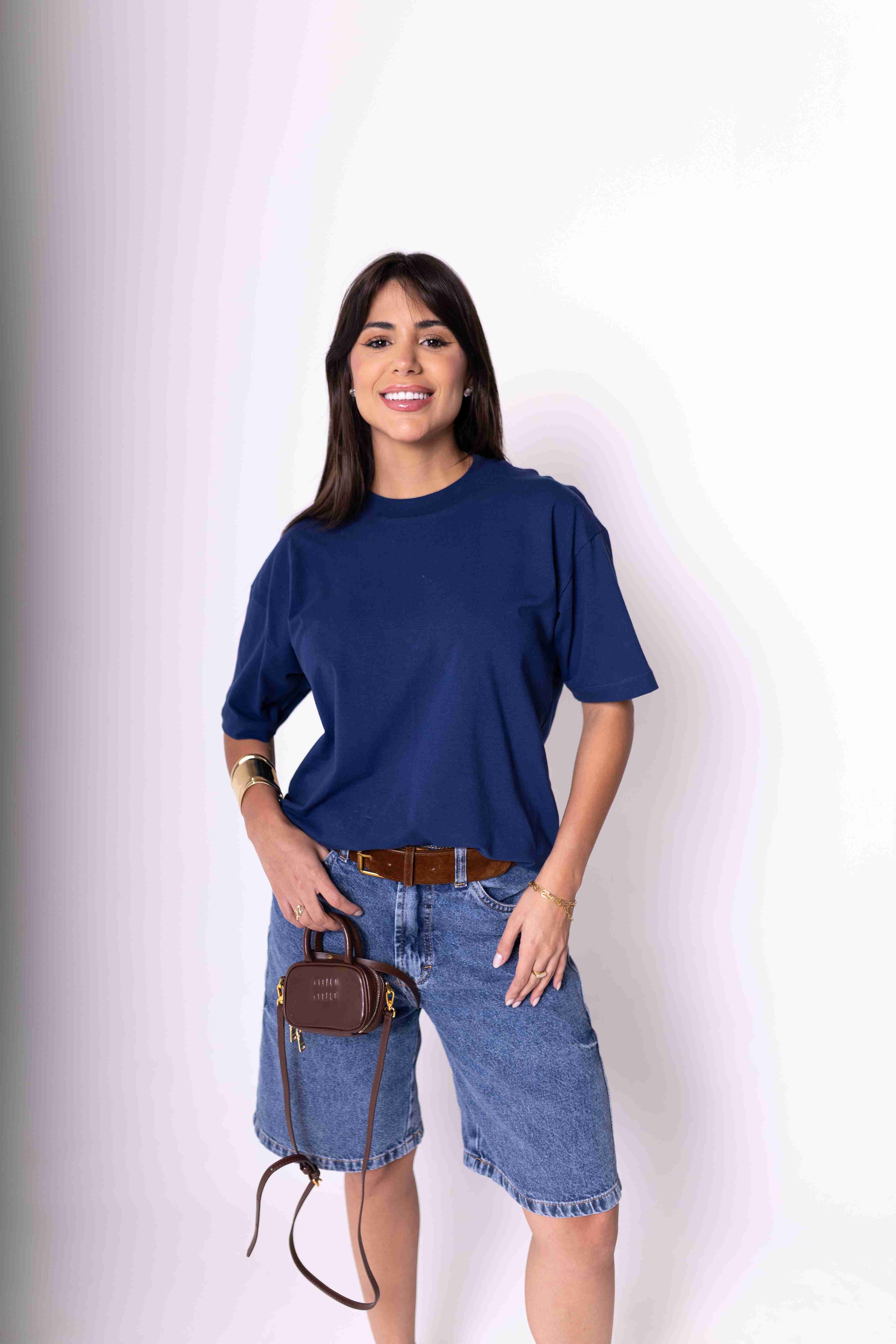 T-Shirt Oversized Feminina Algodão Egípcio - Azul