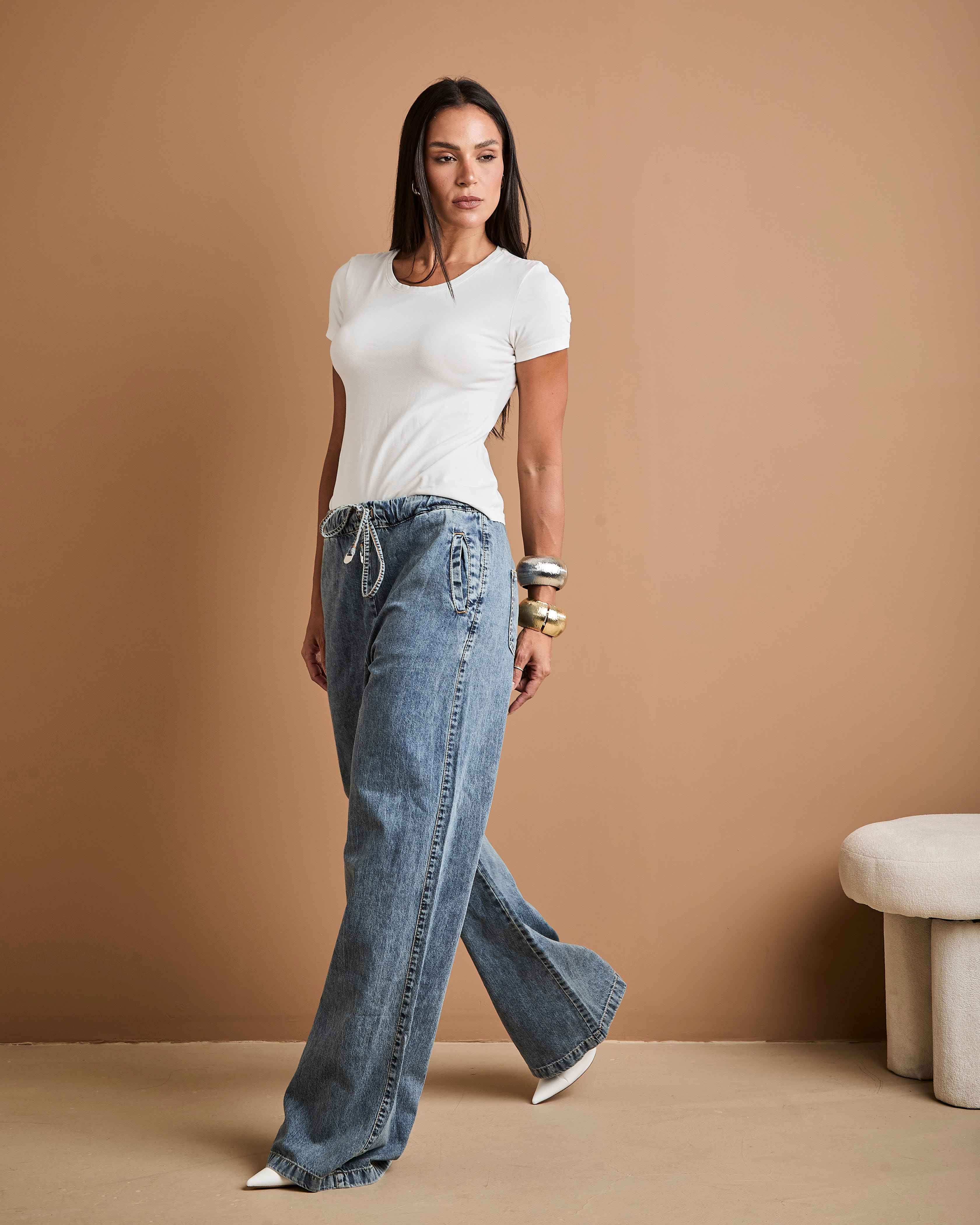 Calça Wide Leg Ali - Jeans marmorizado