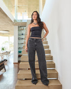 Calça Reta Over - Jeans Preto Marmorizado