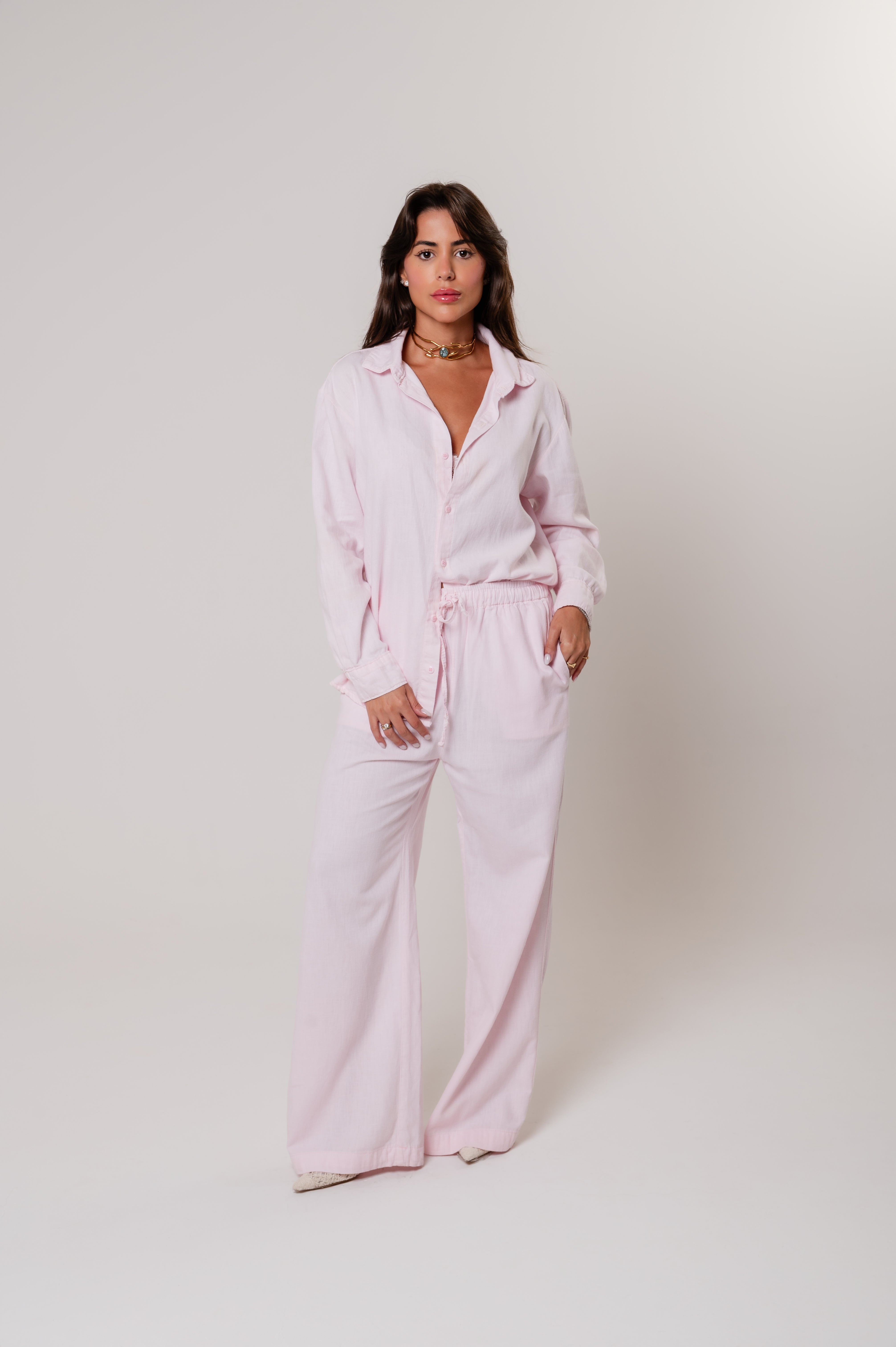 Calça Viscolinho Cós Elástico Rosa Imagem principal do produto