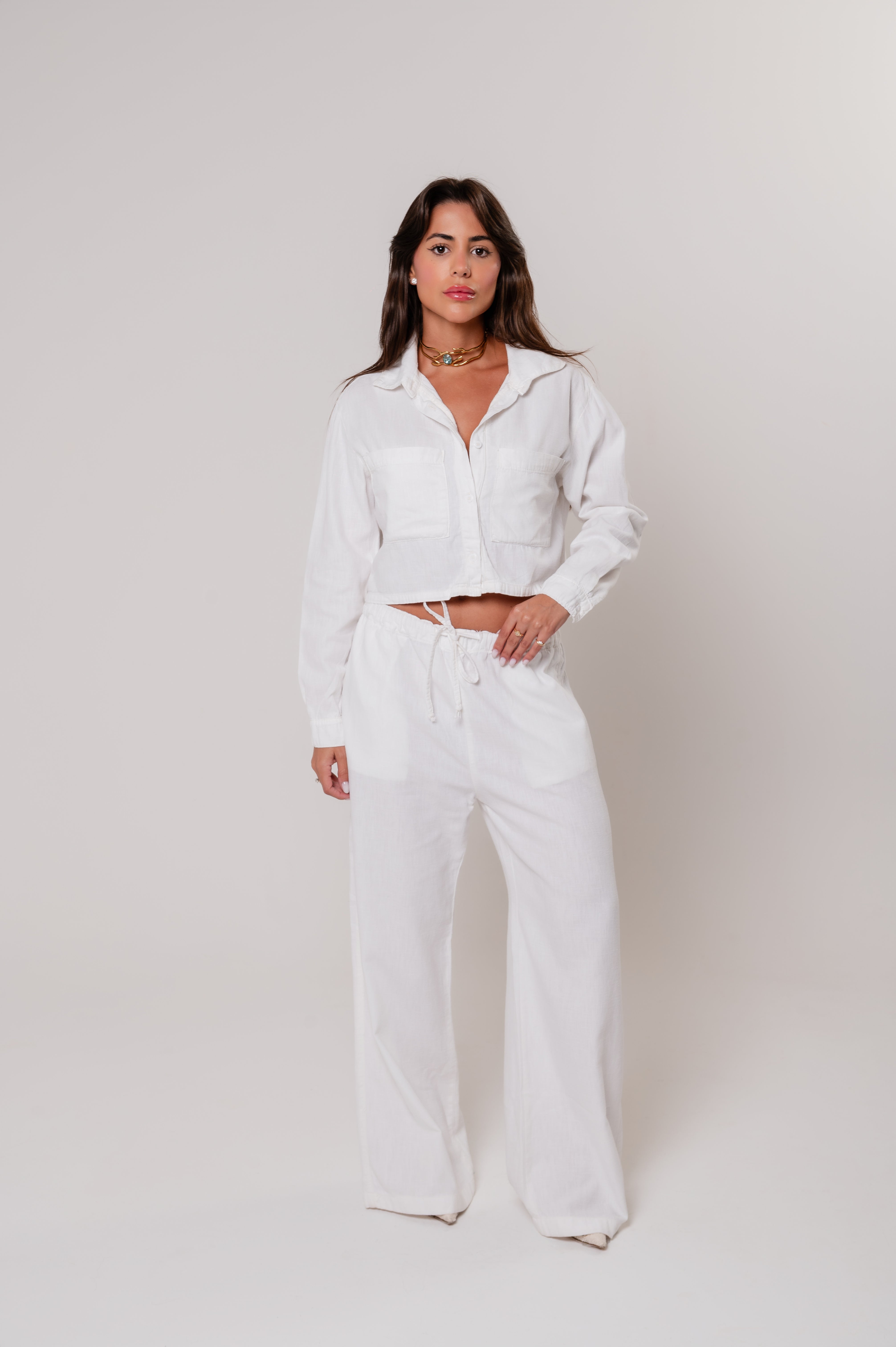 Calça Viscolinho Cós Elástico Branca Imagem principal do produto