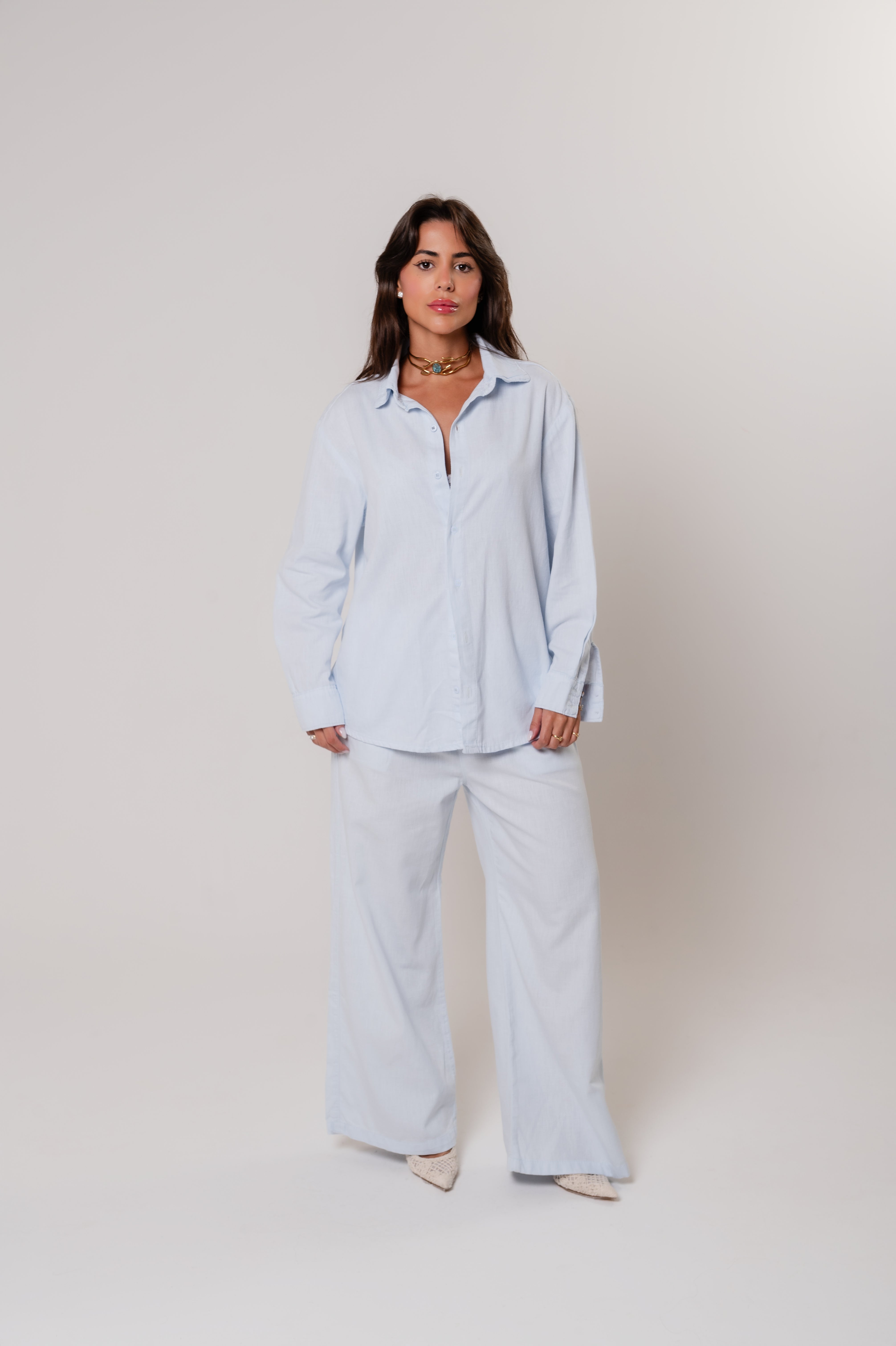 Calça Viscolinho Cós Elástico Azul Imagem principal do produto