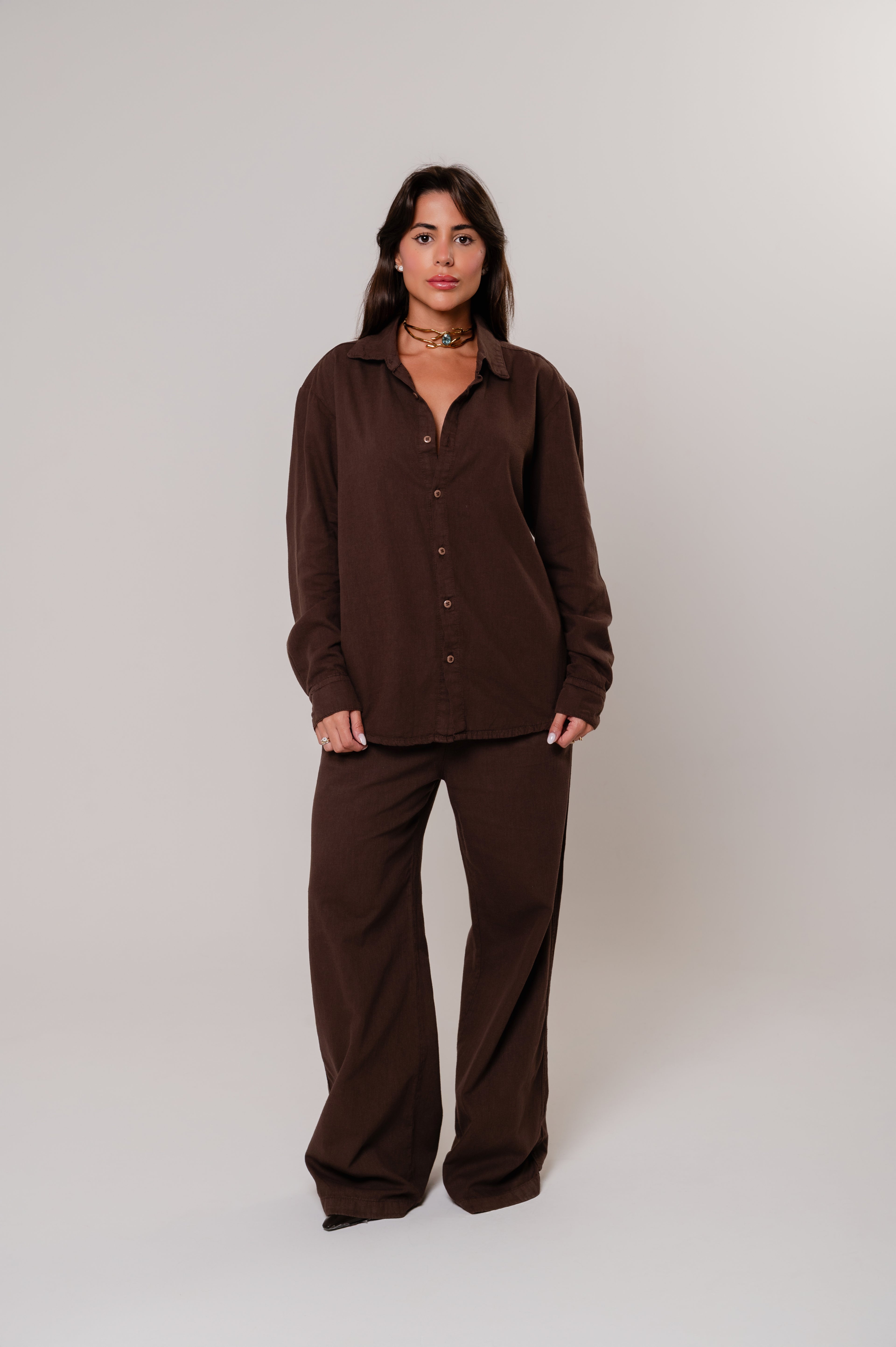 Camisa Viscolinho Oversized Marrom Café