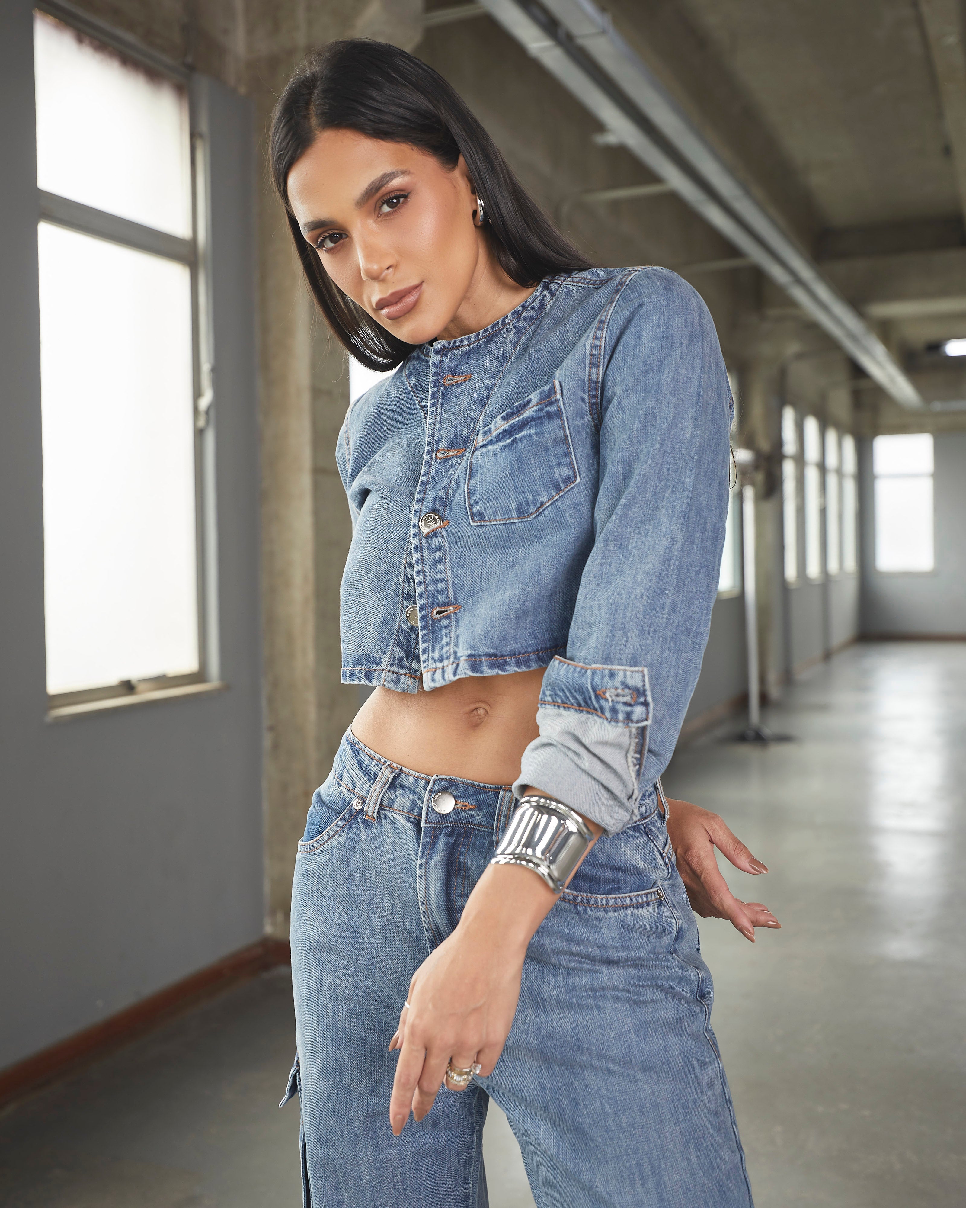 Jaqueta Cropped Mendonza - Jeans Marmorizado Imagem principal do produto