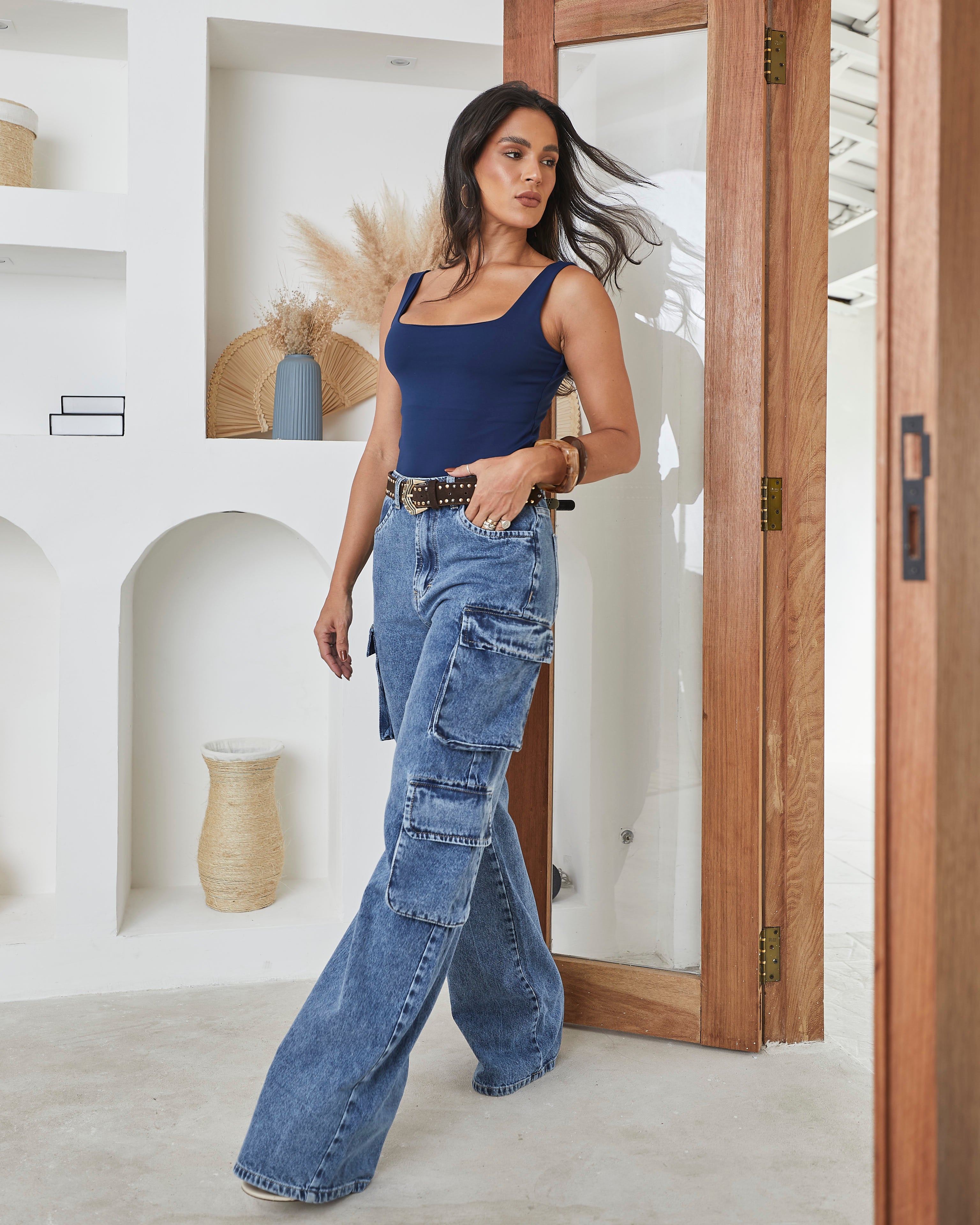 Calça Cargo Luar - Jeans Marmorizado