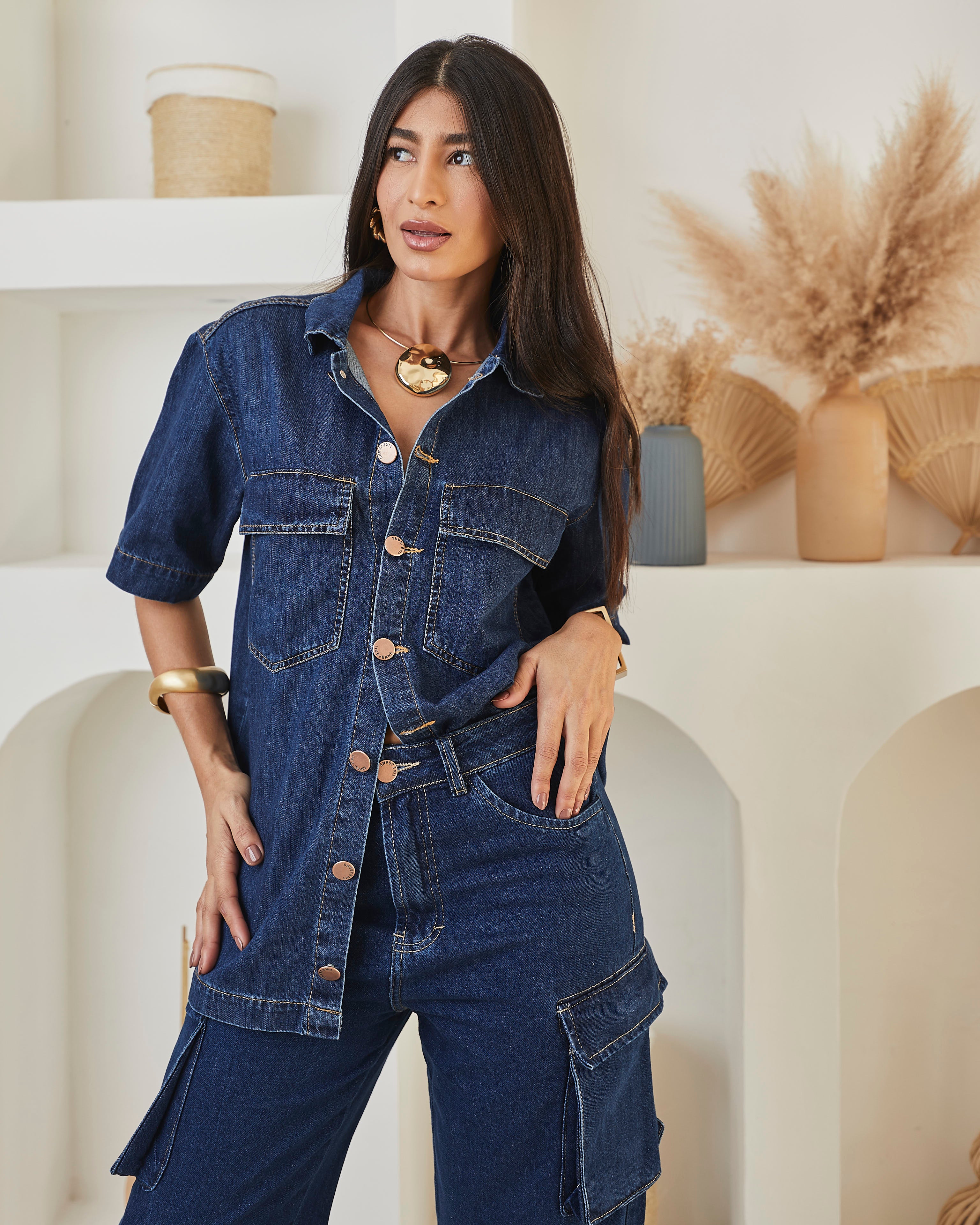 Camisa Oversized Duna - Jeans Escuro Imagem principal do produto
