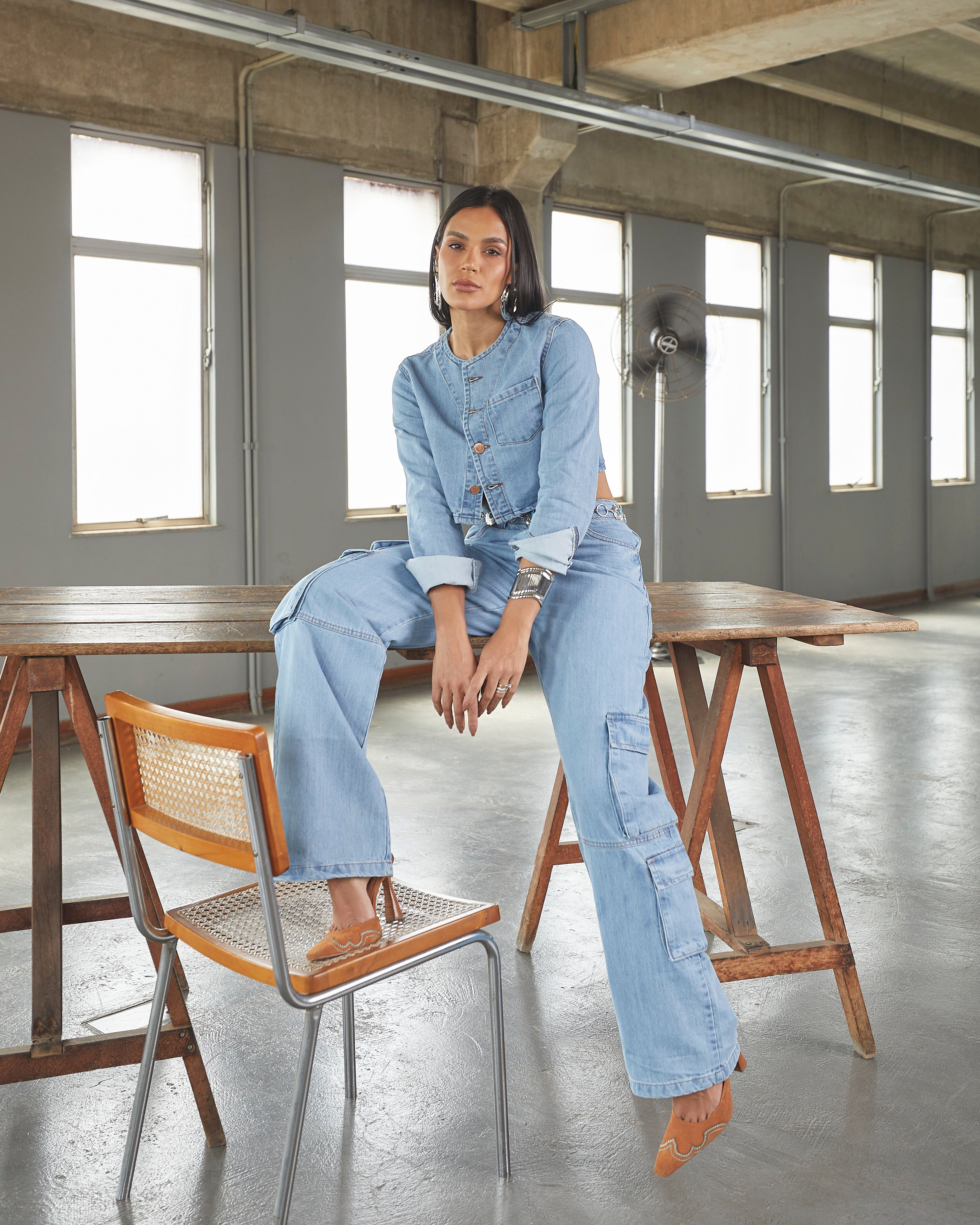 Jaqueta Cropped Mendonza - Jeans Claro