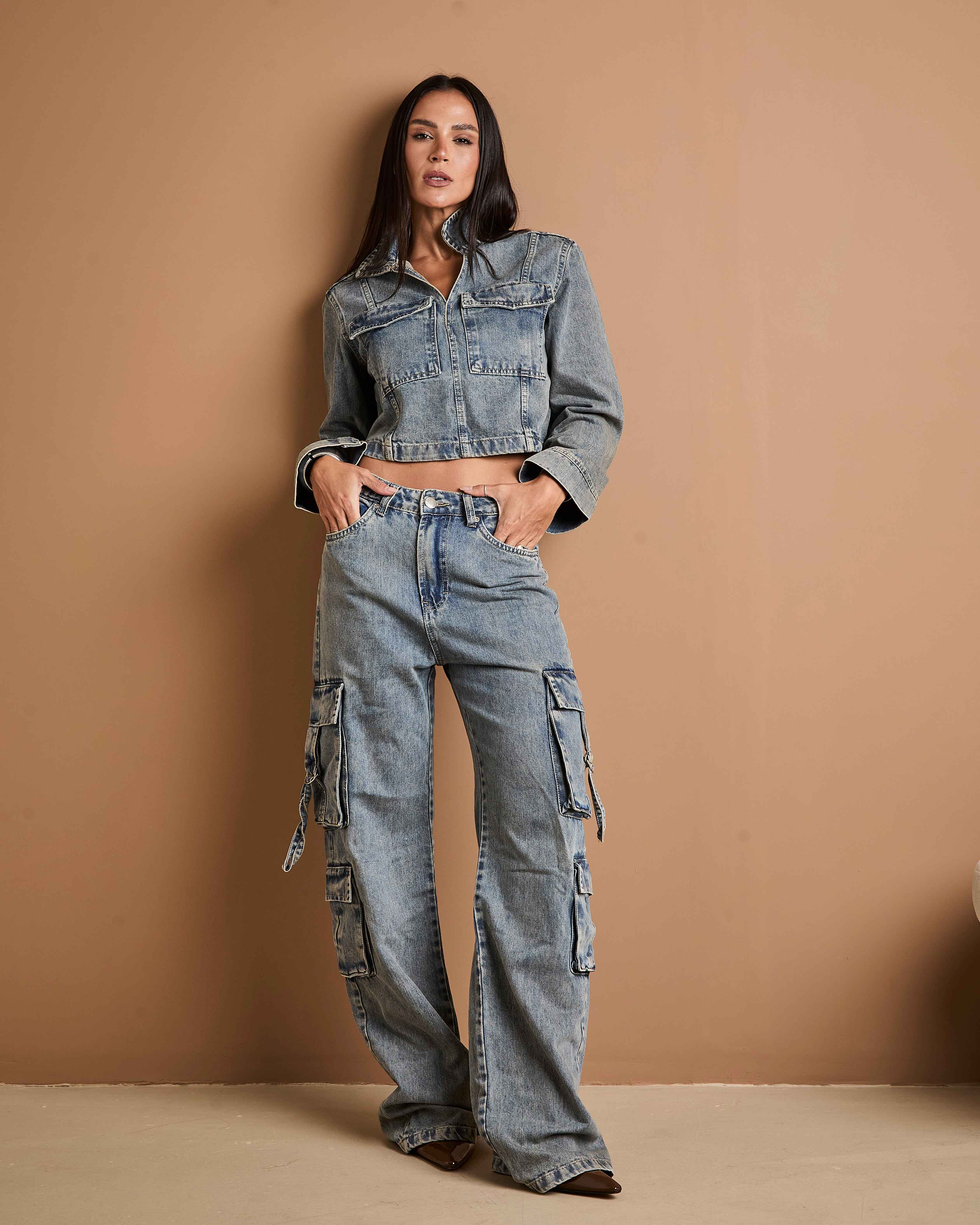 Calça Cargo Siena - Jeans marmorizado