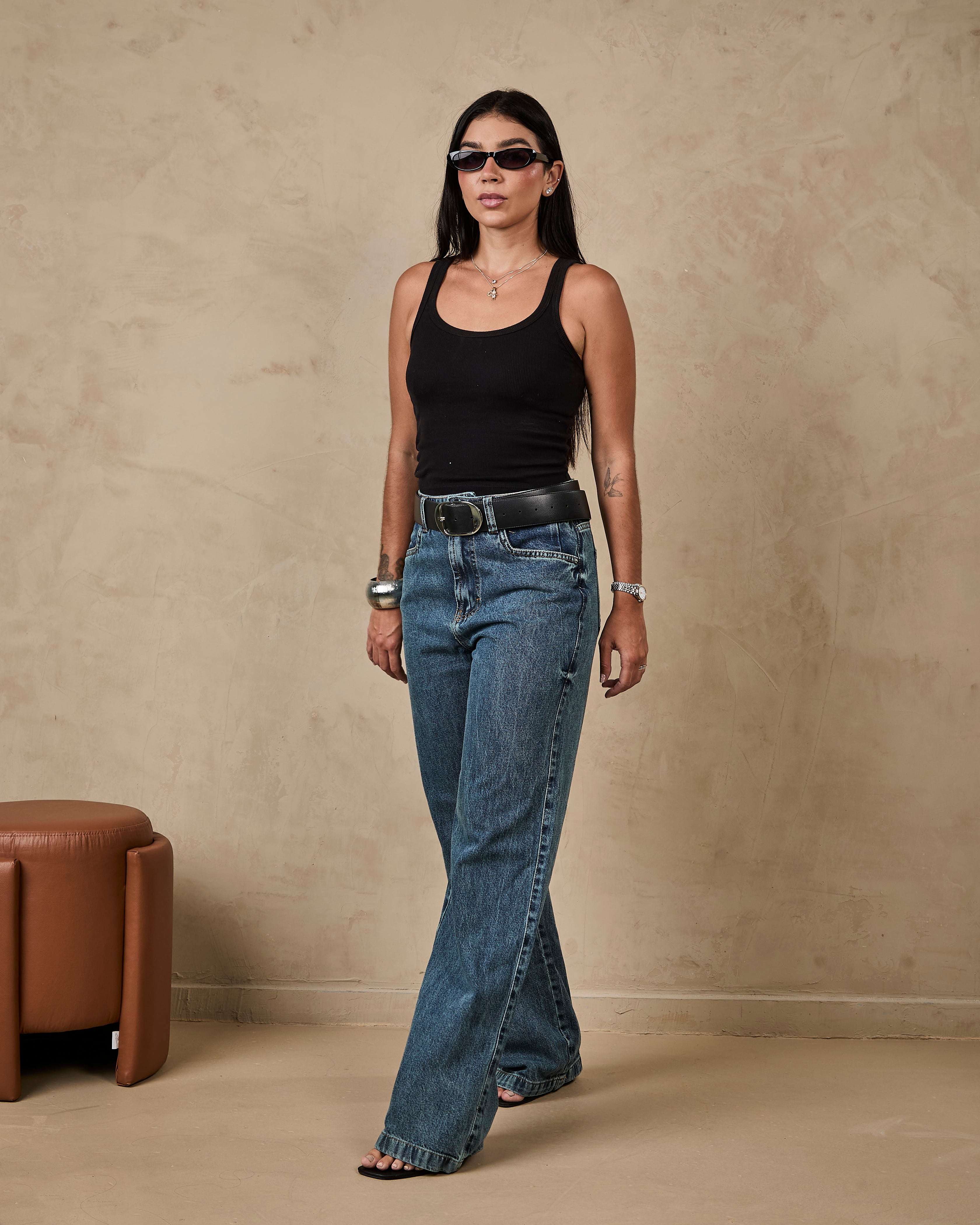 Calça Wide Leg Madrid - Jeans marmorizado