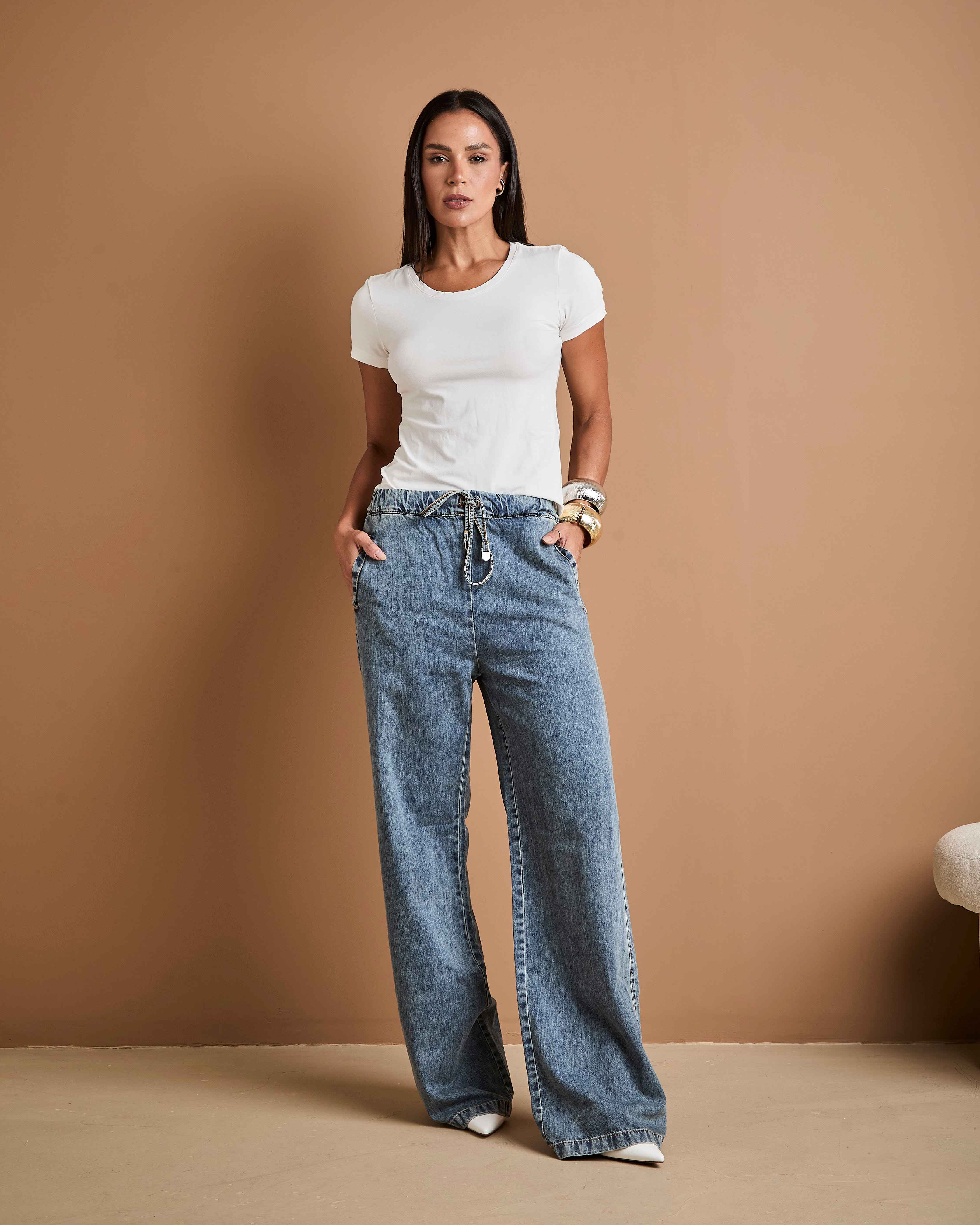 Calça Wide Leg Ali - Jeans marmorizado Imagem principal do produto