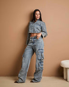 Calça Cargo Siena - Jeans marmorizado